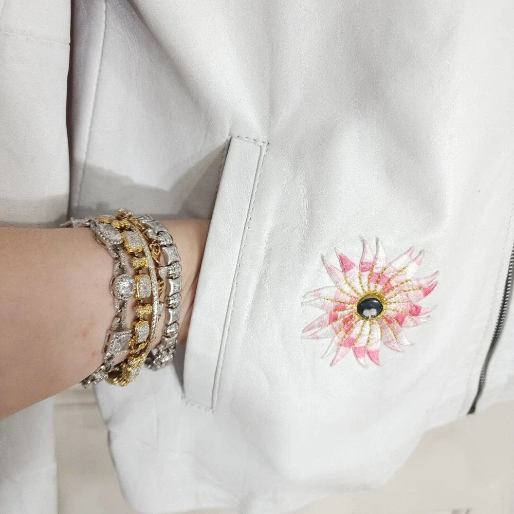 Sun Goddess Leather Jacket White Rhino Floral Applique South African Runway XL